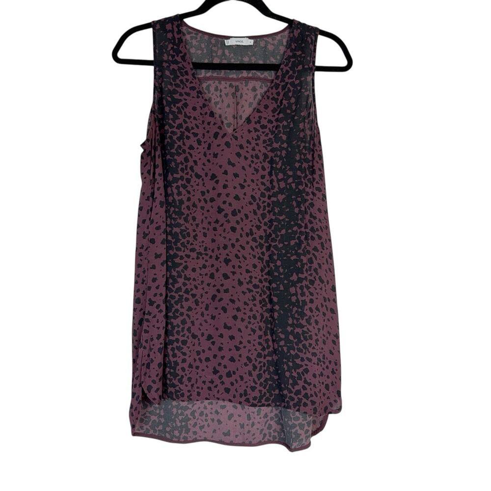 Vince Chiffon 100% Silk Sleeveless Blouse Purple Black Leopard Print Size Medium